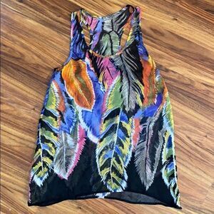 Ali & Kris Sheer Tank Black w/ Colorful Feather Design Women's S